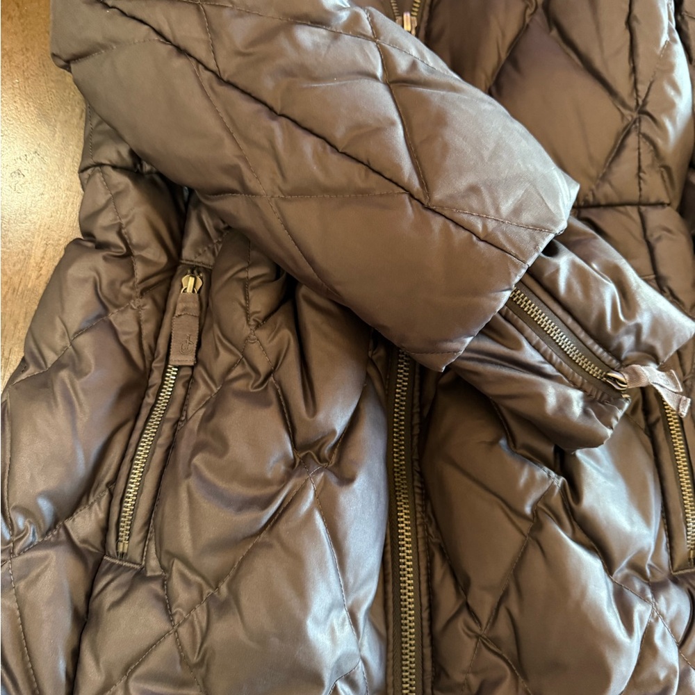 Juicy Couture Long Gray Puffer Coat with Faux Fur Trim Hood - Picture 3 of 5
